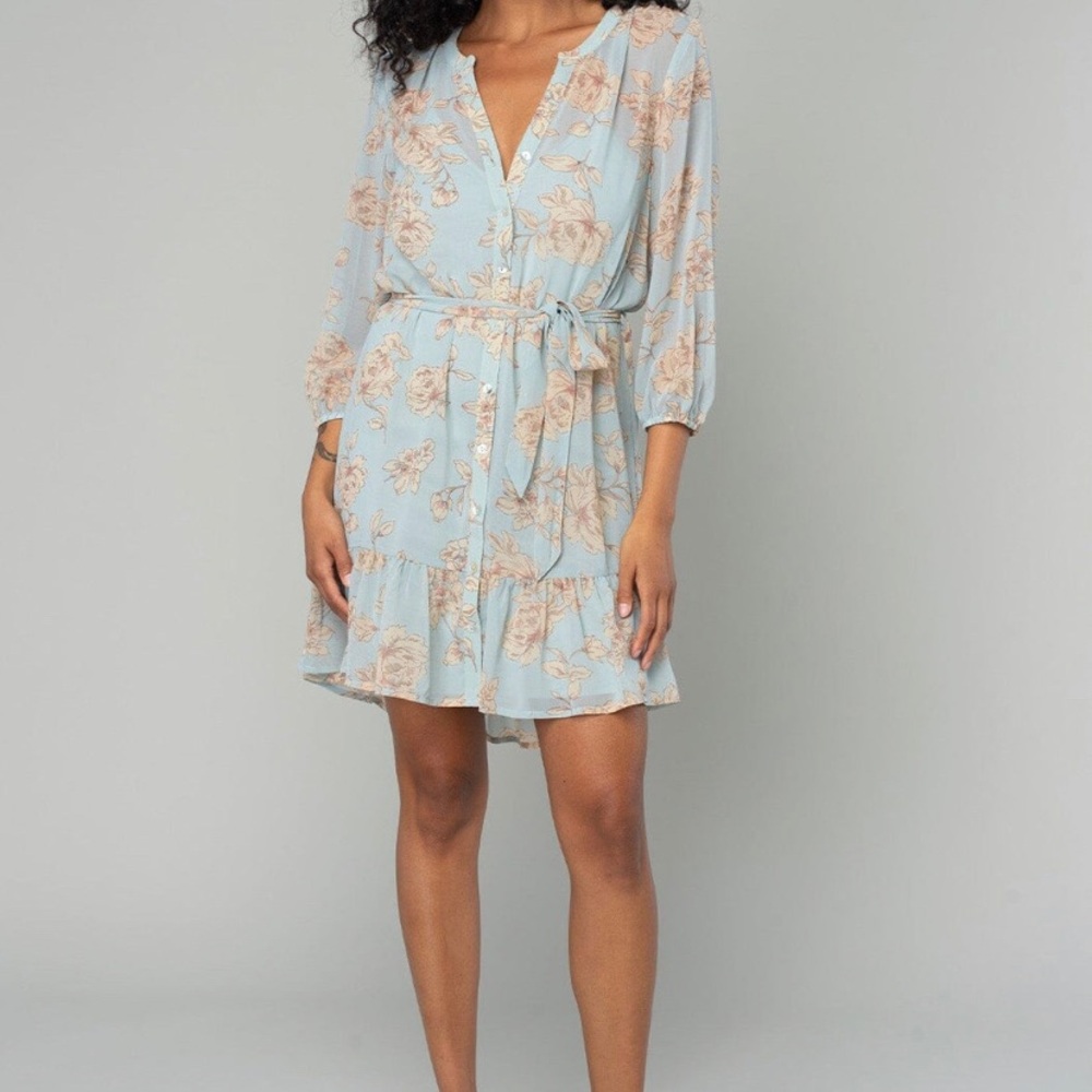 NWT Lovestitch Dusty Blue and Tan Floral Dress